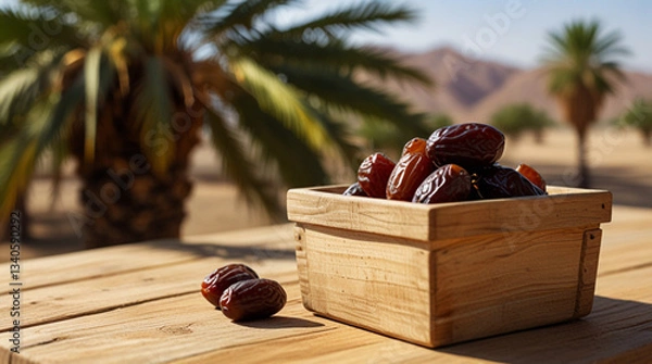Obraz dates in a wooden container on a wooden table with a desert and date palm tree background