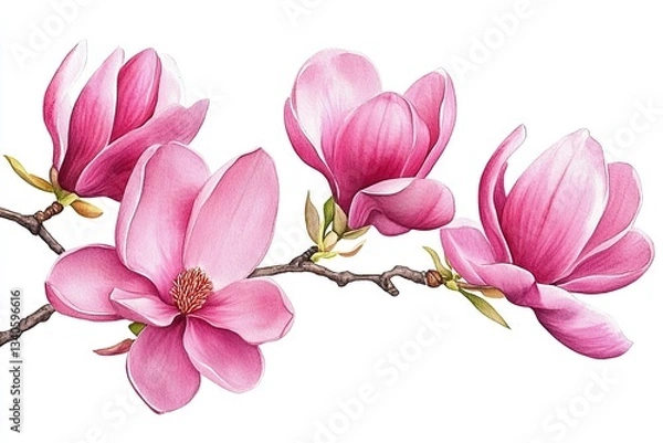 Fototapeta The gentle strokes of a watercolor brush bring forth the tender beauty of pink magnolia flowers, each petal unfolding with delicate grace Soft hues blend seamlessly, creating a visual symphony of