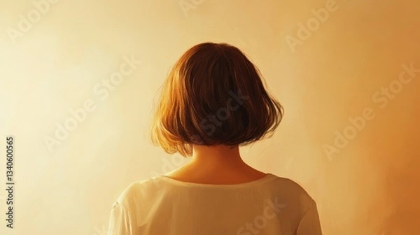 Fototapeta Minimalist portrait, back view of a woman with short hair, warm light, soft focus, neutral background illustration