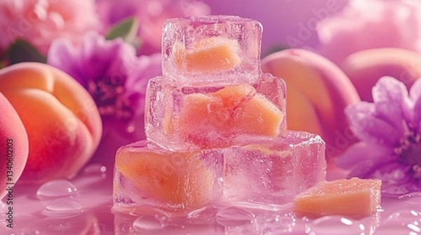 Fototapeta Ice cubes with peach slices surrounded by flowers and fruit.