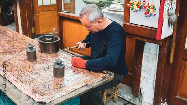Fototapeta Copper craftsman shaping metal. Skilled artisan meticulously crafting intricate patterns on a copper sheet in a traditional workshop.