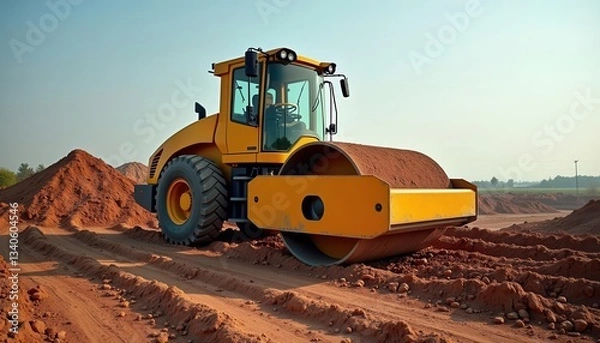 Fototapeta A heavy yellow road roller working on a construction site, compacting soil for a new roadway.