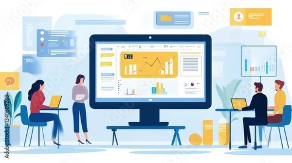 Fototapeta Professional marketers creating visually engaging multichannel campaigns boosting online visibility 8K realistic illustration