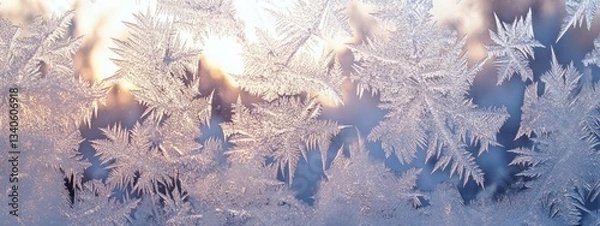 Fototapeta Frozen artistry created by winter on window glass forming delicate, fern-like frost patterns with soft sunlight shining through