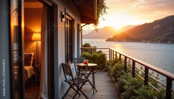 Fototapeta Cozy balcony view at sunset over lake with chairs and table inviting relaxation in serene atmosphere