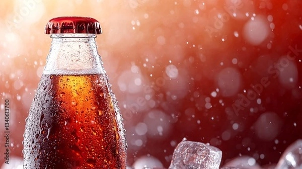 Obraz Cold fizzy drink bottle with ice, bokeh background.  Perfect for advertisement