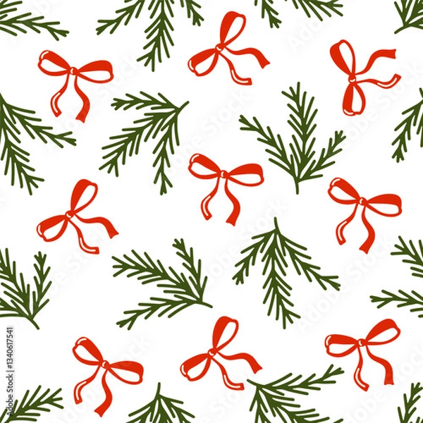Fototapeta Christmas seamless pattern with green pine branches and red bows on white background. Vector illustration