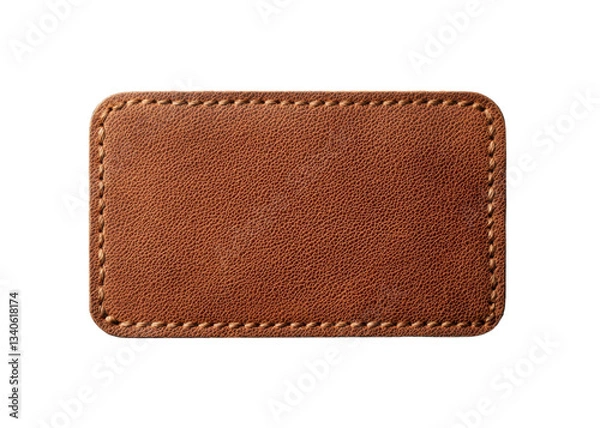 Fototapeta Blank brown leather label with stitching on a transparent background. Ideal for branding and design mockups.