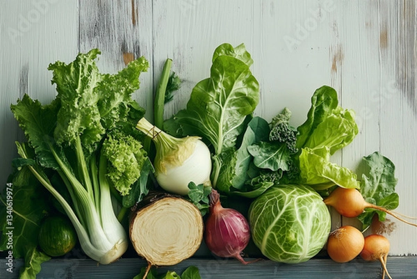 Fototapeta A fresh assortment of healthy vegetables, including cabbage, onion, celery, and potato, artfully arranged on a surface