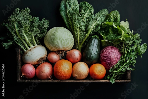 Fototapeta A fresh assortment of healthy vegetables, including cabbage, onion, celery, and potato, artfully arranged on a surface