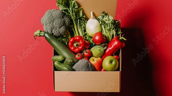 Fototapeta A box filled with fresh, healthy vegetables like cabbage, onion, celery, and potato, tomato, alongside a variety of fruits