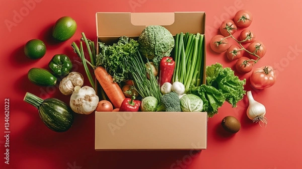 Fototapeta A box filled with fresh, healthy vegetables like cabbage, onion, celery, and potato, tomato, alongside a variety of fruits