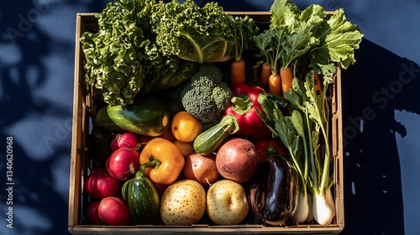 Fototapeta A box filled with fresh, healthy vegetables like cabbage, onion, celery, and potato, tomato, alongside a variety of fruits