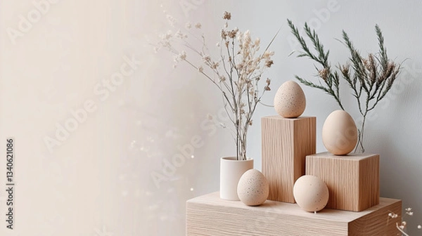 Fototapeta A minimalist zero-waste Easter scene featuring wooden eggs, dried flowers, and recycled materials in warm natural light