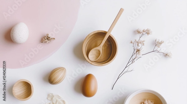 Fototapeta A minimalist zero-waste Easter scene featuring wooden eggs, dried flowers, and recycled materials in warm natural light