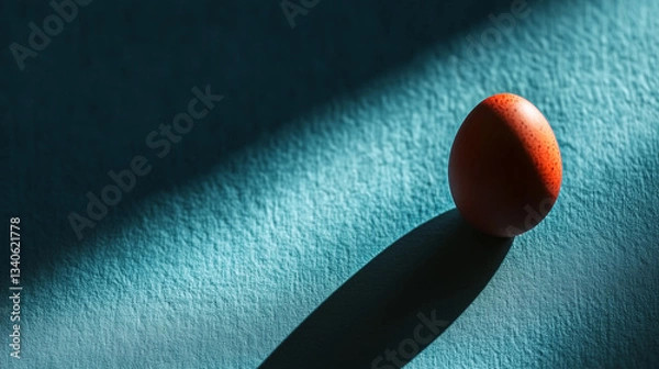 Fototapeta Single soft-lit Easter egg on a dark textured background, dramatic shadows, deep matte finish, cinematic photography aesthetic
