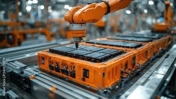 Fototapeta Assembly Line Robotic Arm Manufacturing EV Batteries