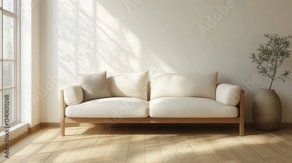 Fototapeta Minimalist living room with modern white sofa and large vase on hardwood floor