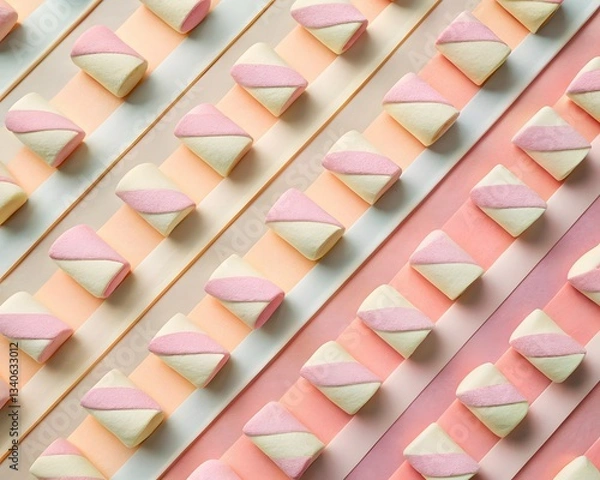 Fototapeta Pastel-colored marshmallows arranged in a diagonal pattern on a soft-toned geometric background
