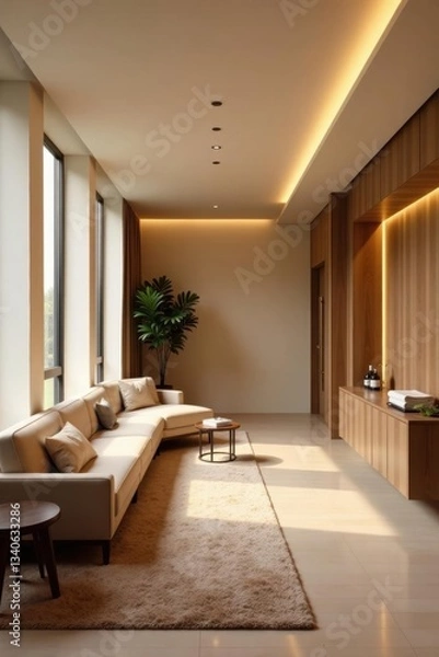 Fototapeta Modern wellness center quiet lounge; plush seating, soft lighting, style, shapes