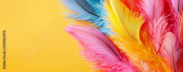 Fototapeta Vibrant Feather Cascade on Warm Yellow Backdrop Expressing Joy and Colorful Texture Arrangement