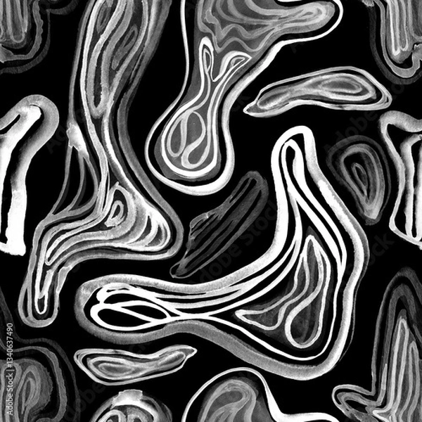 Fototapeta Seamless pattern with watercolor drawn curved geometric shapes. Abstract playful geometric background with bionic forms in artistic paint streaks.  Design for covers, packaging, textile. Watery lines 