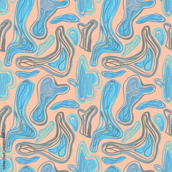 Fototapeta Seamless pattern with watercolor drawn curved geometric shapes. Abstract playful geometric background with bionic forms in artistic paint streaks.  Design for covers, packaging, textile. Watery lines 