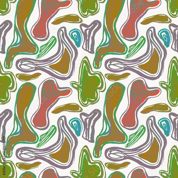 Fototapeta Seamless pattern with watercolor drawn curved geometric shapes. Abstract playful geometric background with bionic forms in artistic paint streaks.  Design for covers, packaging, textile. Watery lines 