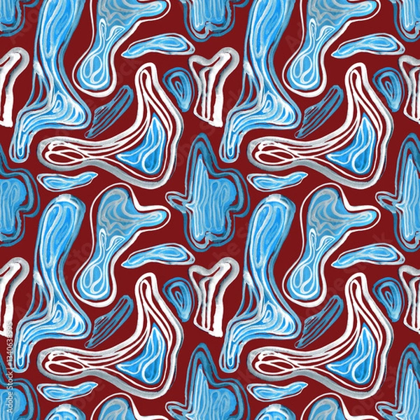 Fototapeta Seamless pattern with watercolor drawn curved geometric shapes. Abstract playful geometric background with bionic forms in artistic paint streaks.  Design for covers, packaging, textile. Watery lines 