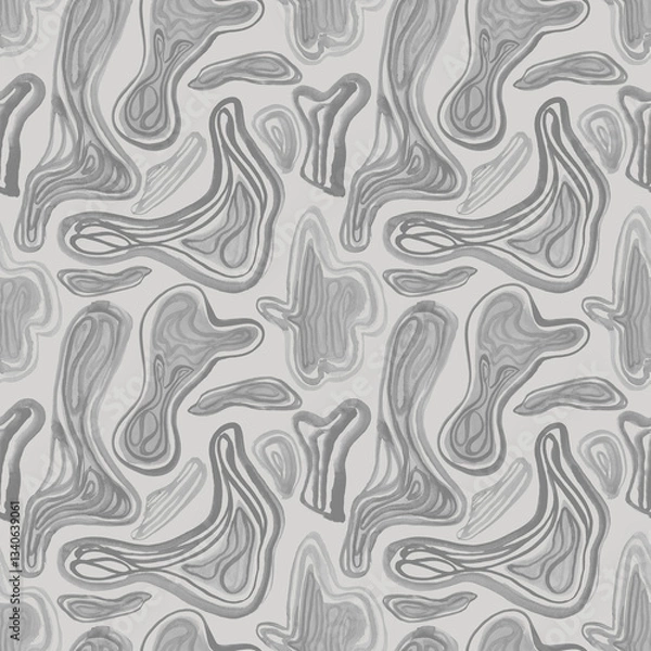 Fototapeta Seamless pattern with watercolor drawn curved geometric shapes. Abstract playful geometric background with bionic forms in artistic paint streaks.  Design for covers, packaging, textile. Watery lines 