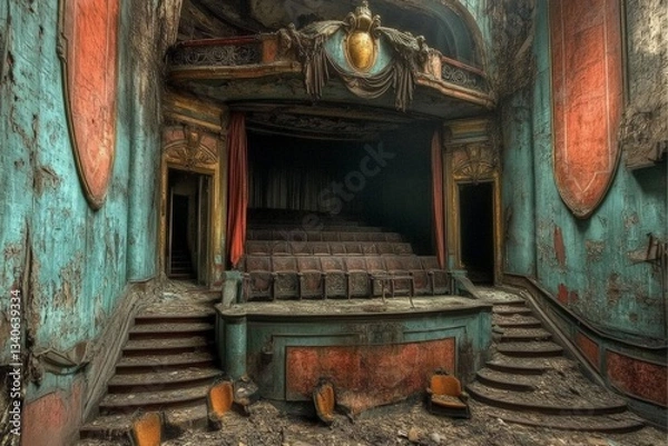 Fototapeta Abandoned theater reveals intricate architecture and forgotten history within its decaying walls
