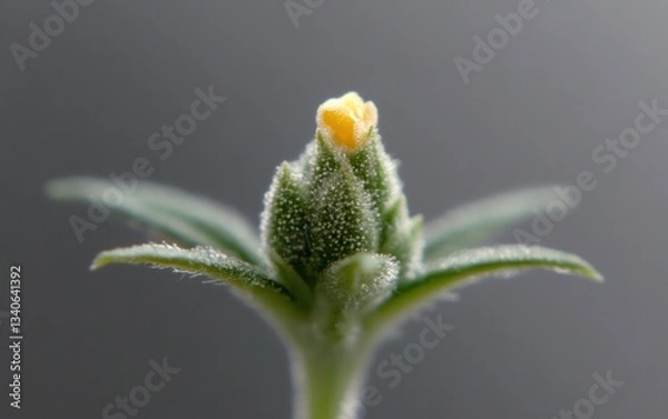 Fototapeta Close Up of a Small Yellow and Green Flower Bud with Dewdrops on a Gray Background