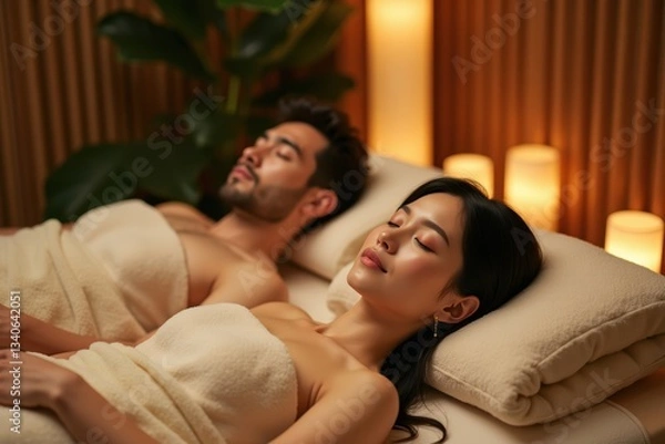 Fototapeta Romantic couple enjoying a peaceful spa experience with soft candlelight, cozy towels, and a tranquil ambiance, indulging in relaxation and wellness therapy