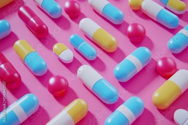 Fototapeta Colorful capsules and pills scattered on a vibrant pink background create an eye-catching visual display of medication