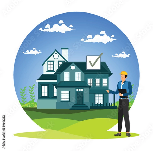 Obraz Real estate agent inspecting a house. Professional Property Inspection with Approval Check Near Residential Building.