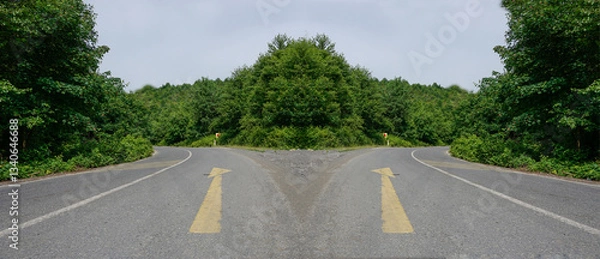 Fototapeta Two diverging roads with yellow arrows indicating different directions, surrounded by lush greenery.