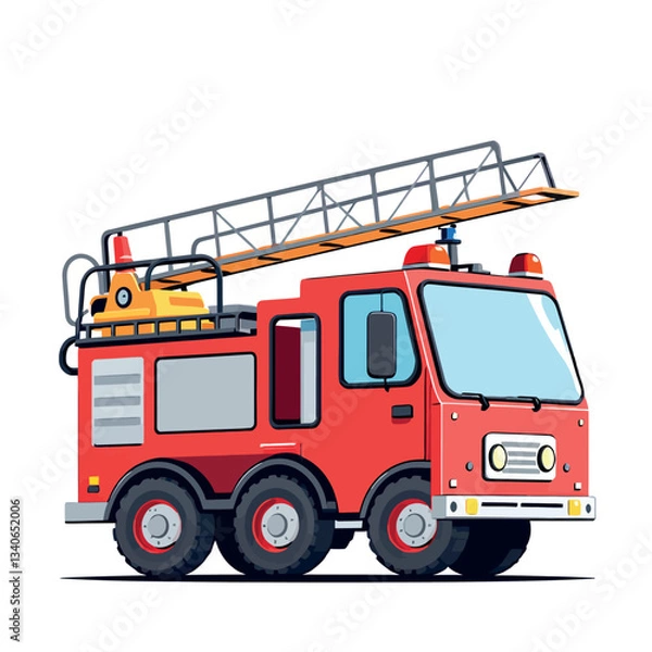 Fototapeta Vsai red firetruck extinguishing burning building with extended ladder