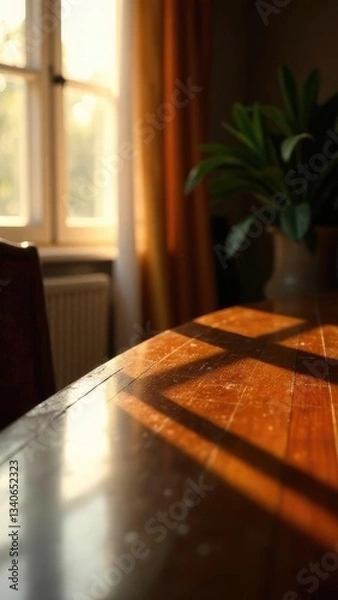 Obraz a room with sunlight falling from a window, a table, a chair. wooden floor, coffee cup on the table, free space for text