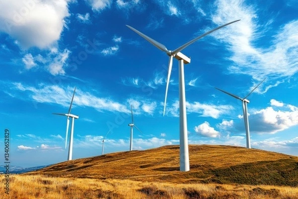 Fototapeta Wind turbines stand tall on a grassy hill under a bright blue sky filled with fluffy white clouds today