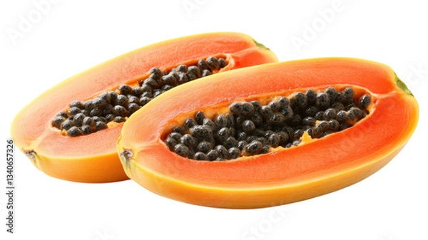 Fototapeta Freshly cut papaya reveals vibrant orange flesh and dark seeds in a tropical setting