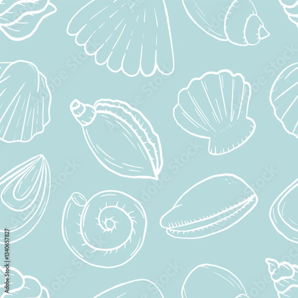 Fototapeta Vector seamless pattern of ocean seashells in soft blues, beige, and pearlescent tones, elegant and airy.