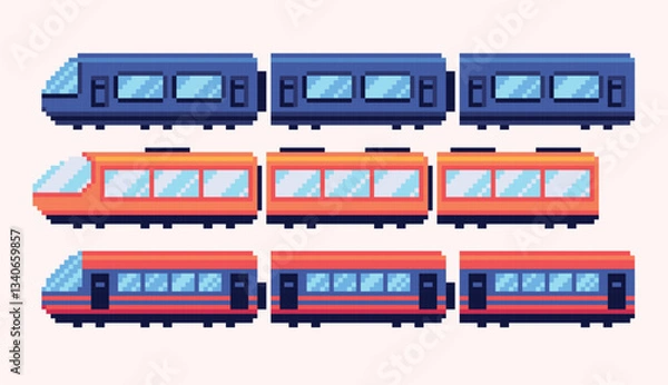 Fototapeta Train wagon pixel art set. Locomotive, railway transport collection. 8 bit. Game development, mobile app. Isolated vector illustration.