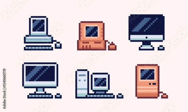 Fototapeta Computors pixel art set. Classic vintage pc collection. 8 bit. Game development, mobile app. Isolated vector illustration.