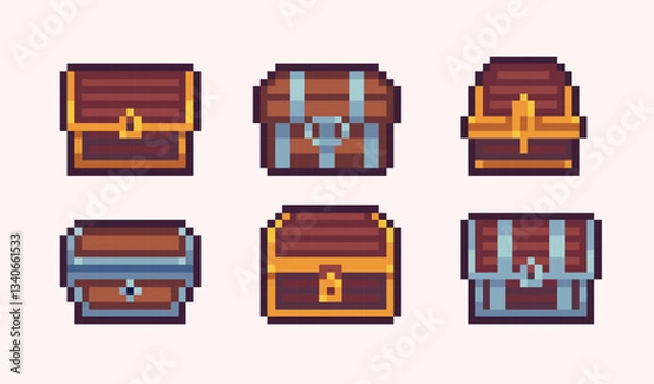 Fototapeta Wooden chest pixel art set. Treasure box collection. 8 bit sprite. Game development, mobile app. Isolated vector illustration.