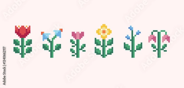Fototapeta Blooming flowers pixel art set. Plants and herbs collection. 8-bit sprite. Game development, mobile app. Isolated vector illustration.