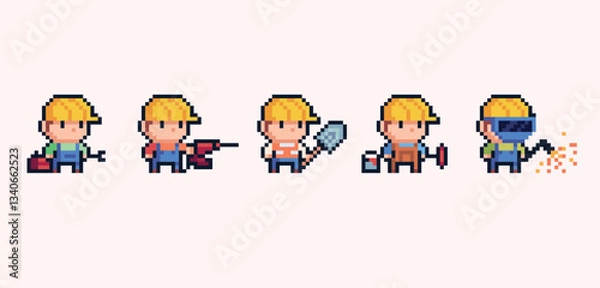 Fototapeta Construction workers chibi human figures pixel art set. Adorable kawaii painter, electrician, plumber with tools collection. 8 bit. Game development, mobile app. Isolated vector illustration.