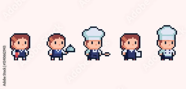 Fototapeta Restaurant staff chibi human figures pixel art set. Adorable kawaii chef, server and waiter collection. 8 bit. Game development, mobile app. Isolated vector illustration.