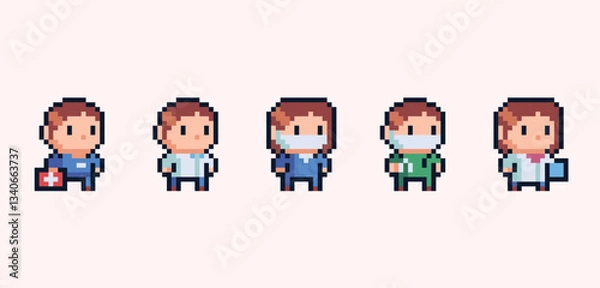 Fototapeta Medical staff chibi human figures pixel art set. Adorable kawaii doctor, surgeon and nurse collection. 8 bit. Game development, mobile app. Isolated vector illustration.