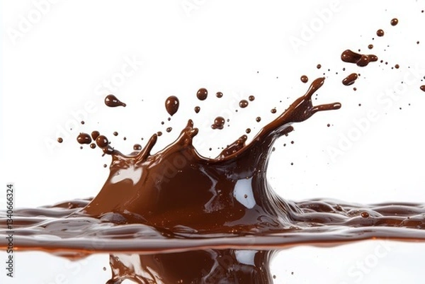 Fototapeta A close up shot of a splash of chocolate with small droplets on a white background in a studio shot