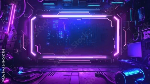 Fototapeta Game stream frames. Glow theme for live conference of gaming streamers, hud frame twitch streaming media gamer broadcast webcam box video screen, garish vector illustration of game screen futuristic